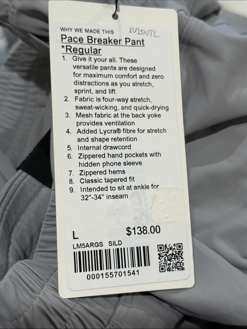 Lululemon Pace Breaker Pant Regular Silver Drop Men's Large 29